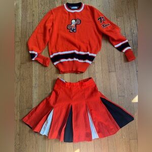 60s-70s Vintage Orange Cheerleader Sweater and Skirt Uniform